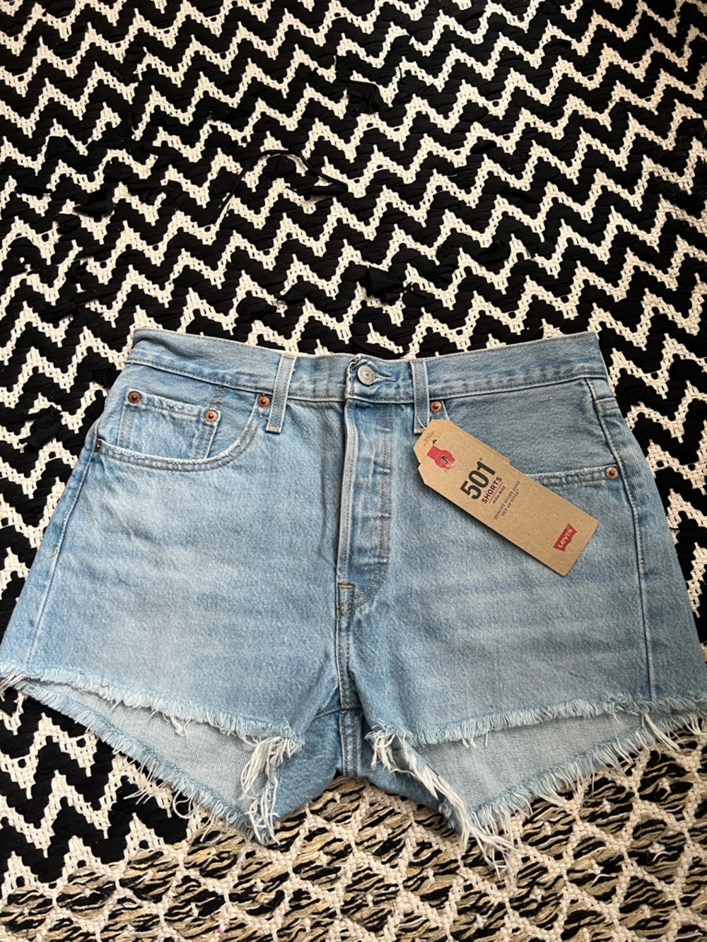 Levi's Light Blue 501 Frayed High Rise Denim Shorts